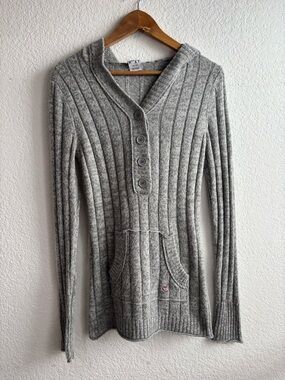 Y2K Vintage Roxy Women's Gray Ribbed Button Pullover Sweater Large